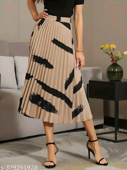 Brush Print Pleated Skirts, Vintage Elastic Waist Midi Skirts,